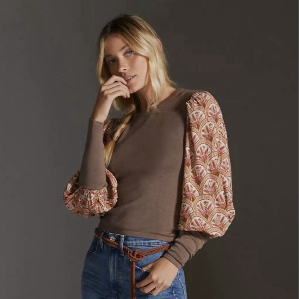 NEW Anthropologie Bl-nk London Puff Sleeve Handmade Sweater Taupe Medium